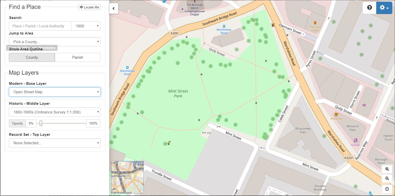 Sliding the opacity control reveals on the modern map that the workhouse site has given way to Mint Street Park