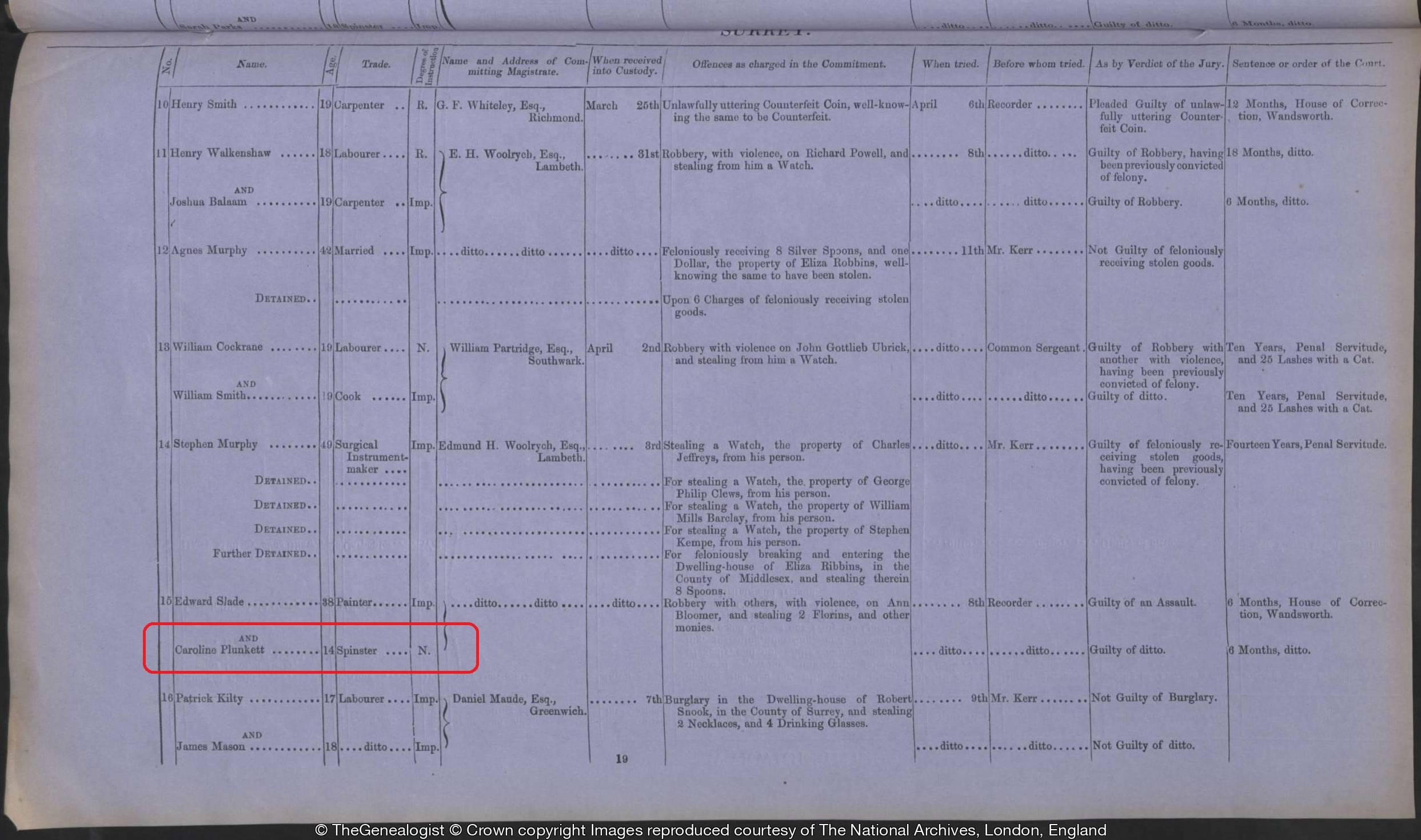 Caroline Plunket listed in the Central Criminal Court: After Trial Calendar of Prisoners 1868 records (CRIM 9, The National Archives) on TheGenealogist