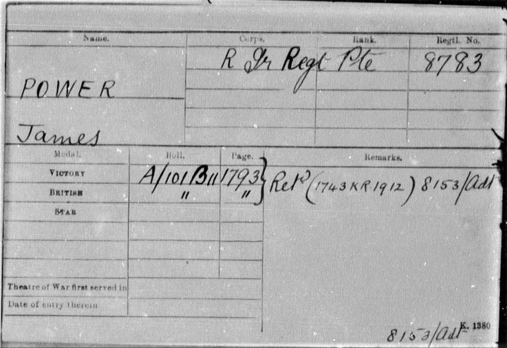 James Power's Medal card from the First World War on TheGenealogist