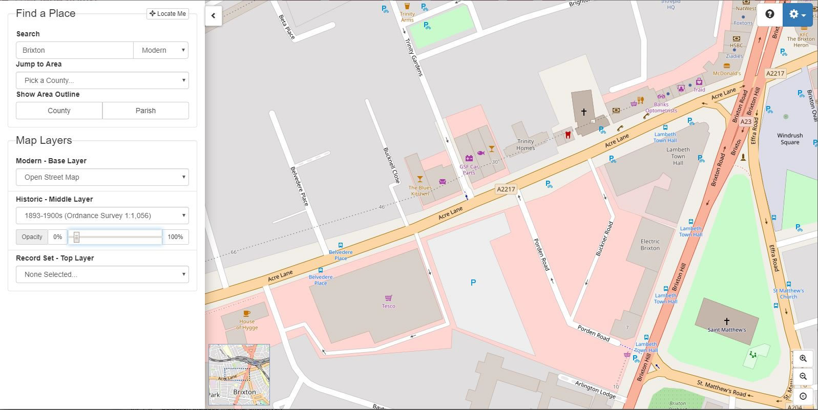 Site of Tesco supermarket on Acre Lane using Modern Open Street Map