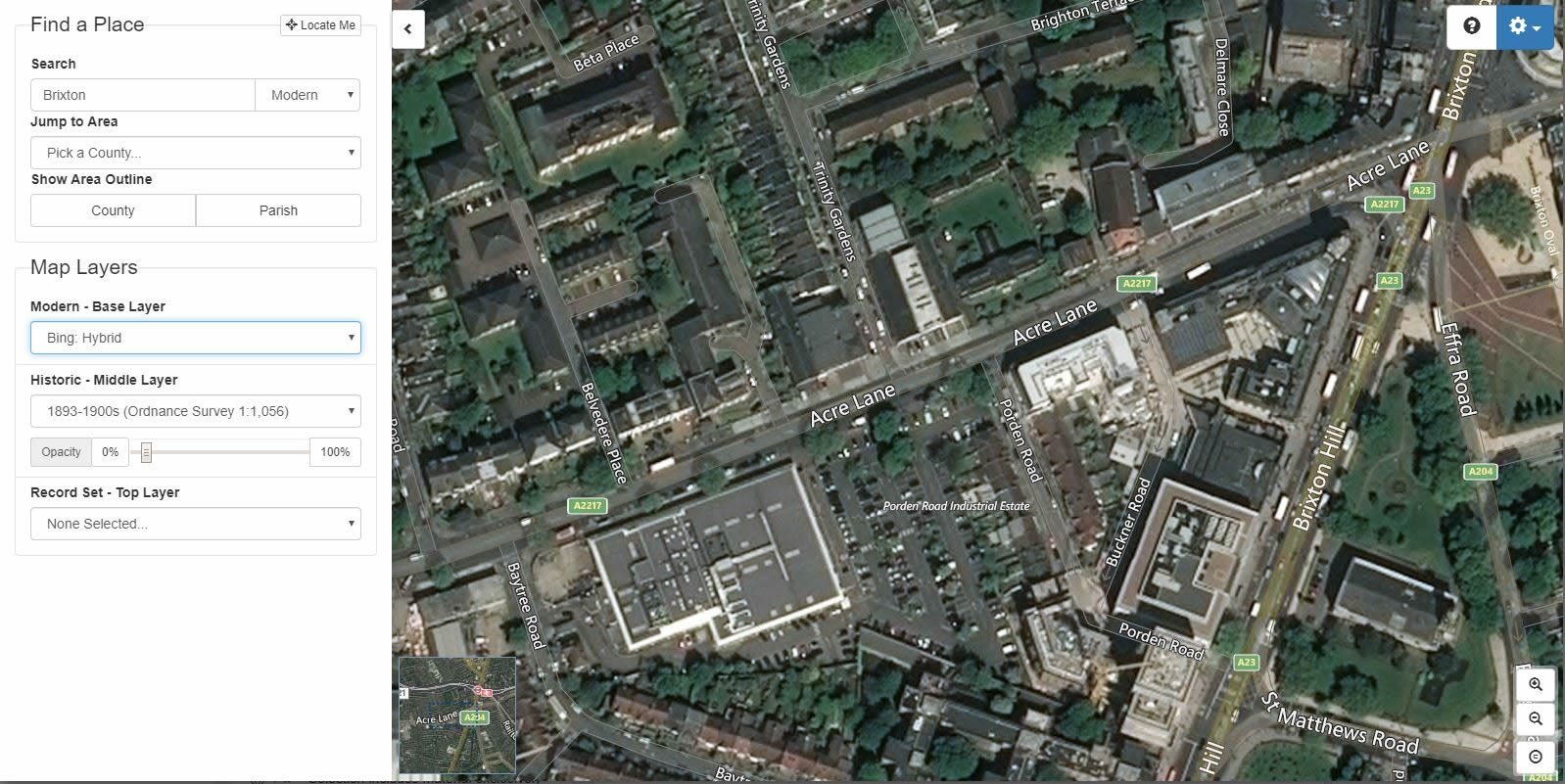 Site of Tesco supermarket on Acre Lane using Bing Hybrid Map on TheGenealogist's Map Explorer