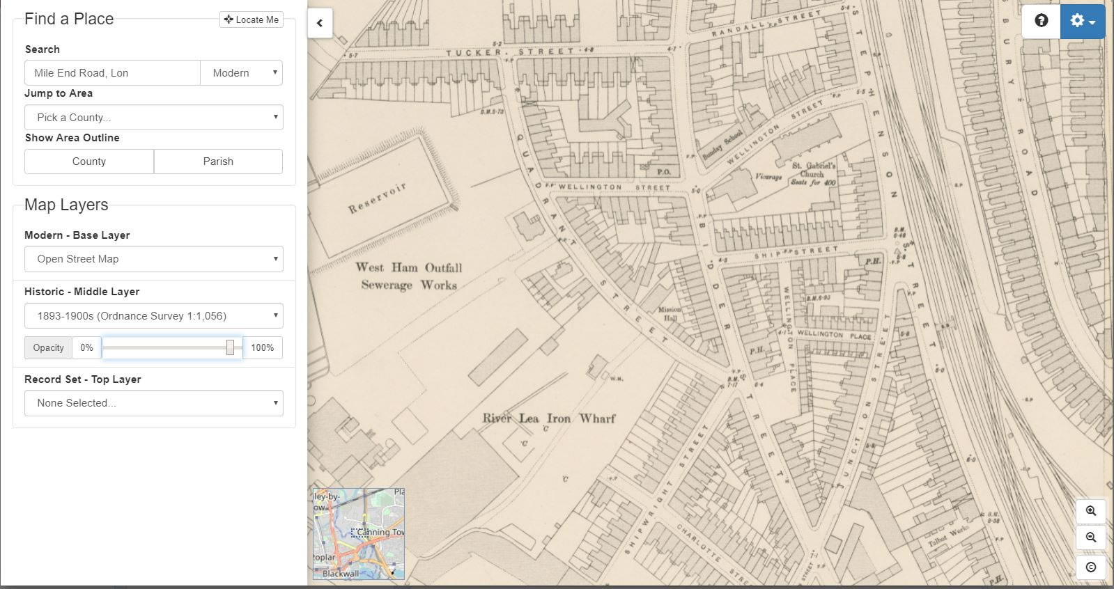 TheGenealogist's Map Explorer shows Quadrant Street once curved from Bidder Street and faced the West Ham Outfall Sewage Works.