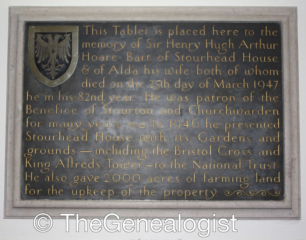 The last of the Hoares of Stourhead commemorated on a tablet inside the church of St Peter, Stourton