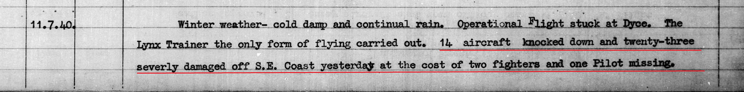 11 July 1940 extract from an AIR27 Operations Record Book on TheGenealogist reporting numbers from the first day of the Battle of Britain for 605 squadron