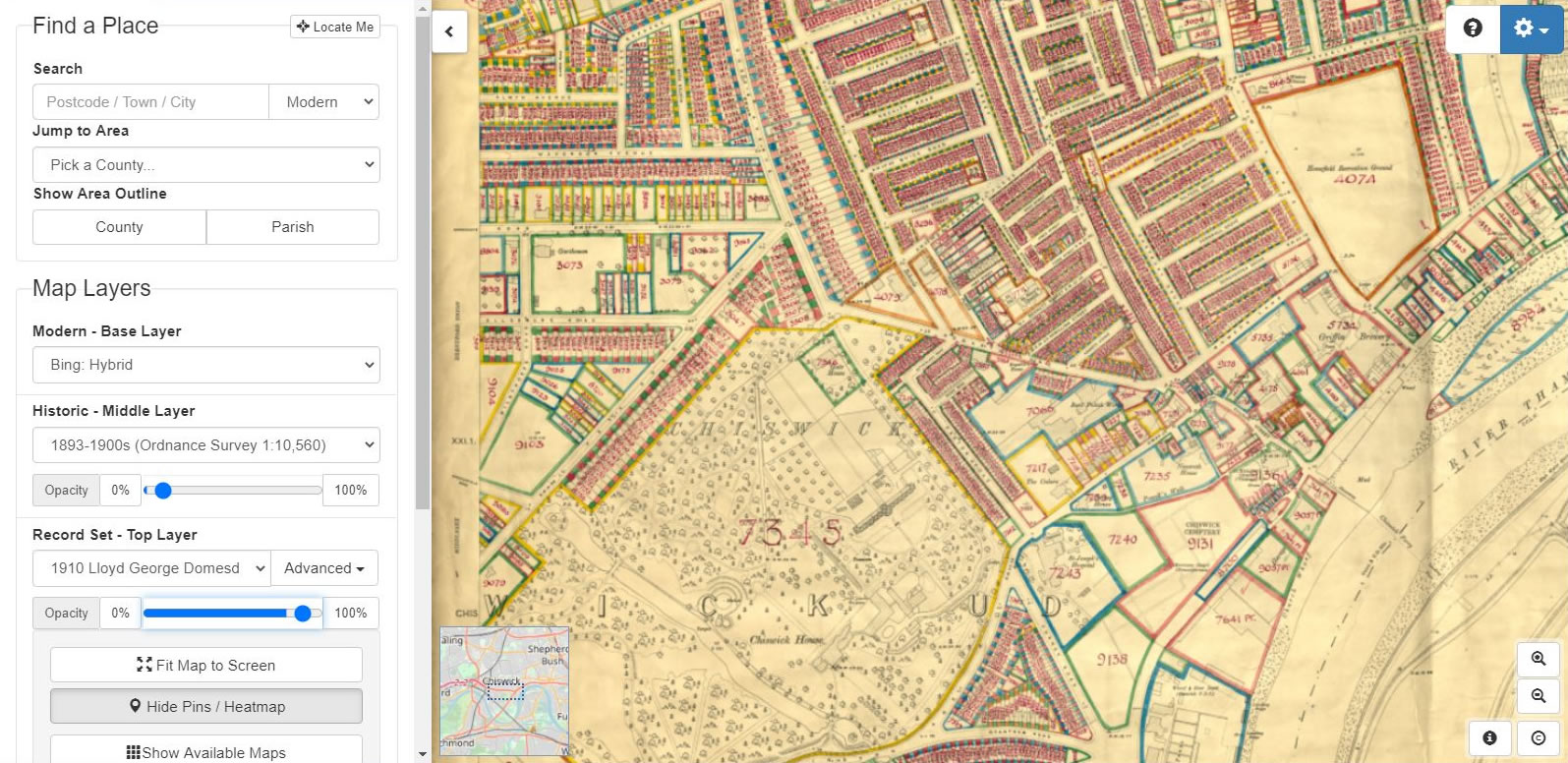 Chiswick House and former Ellesmere Road and Hogarth Lane located on the Lloyd George Survey Map