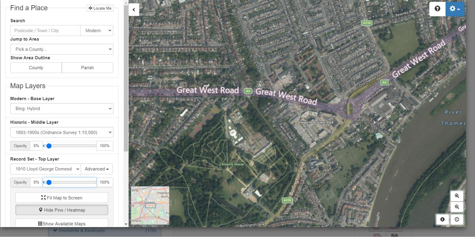The same georeferenced Bing Hybrid map shows Great West Road cutting through former houses