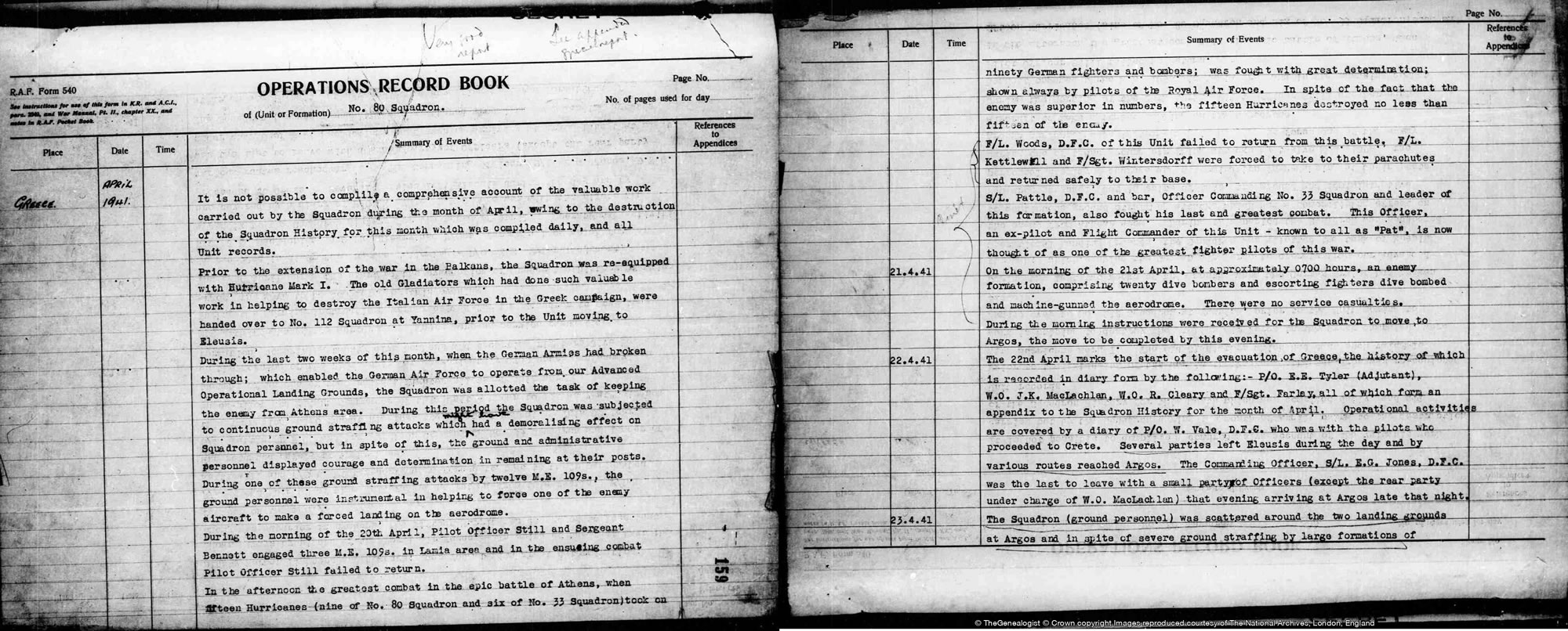 Pages from No 80 Squadron's Operations Record Book which mentions the dog-fight over Athens