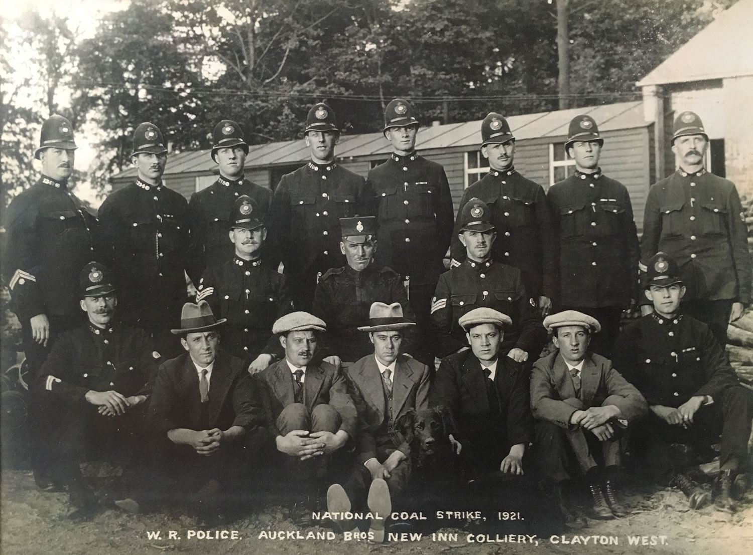 Auckland Brothers with police at New Inn Colliery during Strike, 1921 - Jodie Whittaker's great grandpa, Edwin Auckland, far right and 3 great uncles