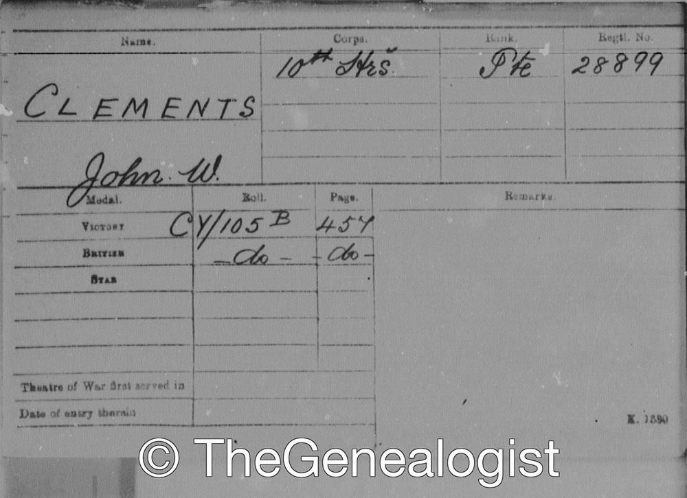 John W Clements' Campaign Medal Card for fighting in the First World War from TheGenealogist Military Records