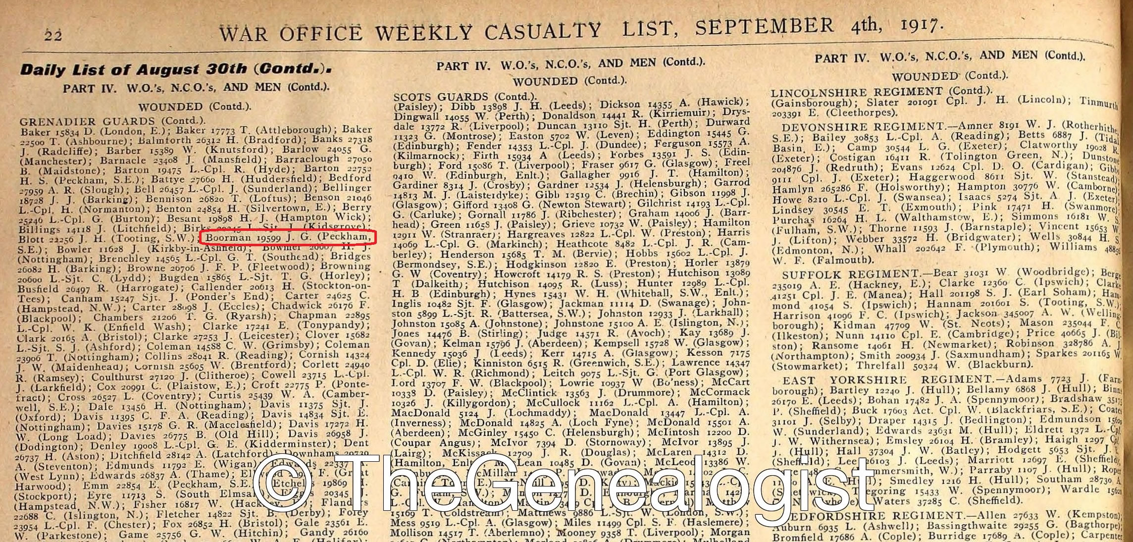 War Office Weekly Casualty List dated 4th September 1917 found in TheGenealogist's Military Records