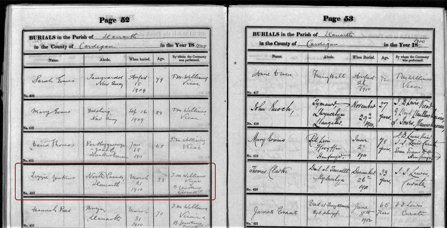 Lizzie died when she was 33 in March 1910 as the Welsh Parish Registers on TheGenealogist reveals