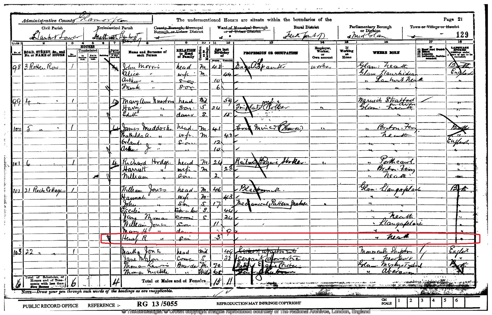 Henry R Jones the son of William Jones, Blacksmith in the 1901 census in Neath in TheGenealogist