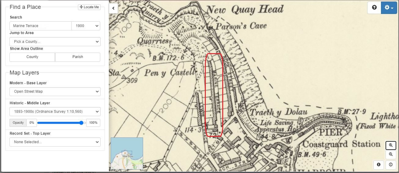 Using Map Explorer™ on TheGenealogist allows us to locate Marine Terrace in New Quay