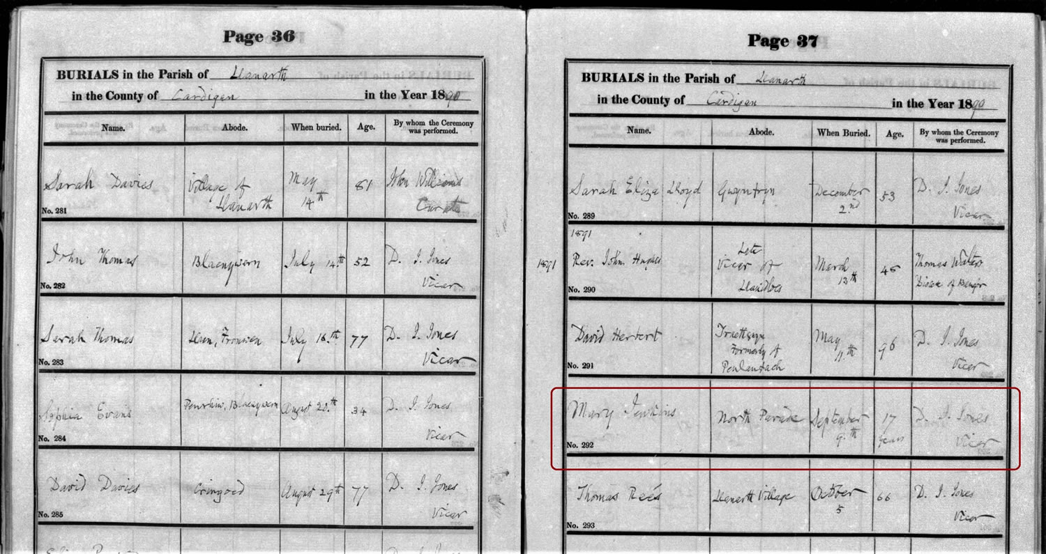 Mary Jenkins just 17 years old when she died and was buried on Sept 9 1890 at Llanarth – Welsh Parish Records on TheGenealogist