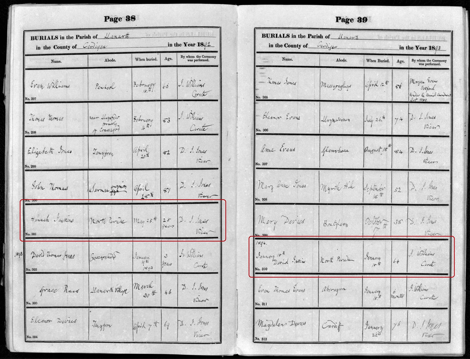 Llanarth burial register for 1892 shows daughter Hannah at age 25, and the next year their father, David 64