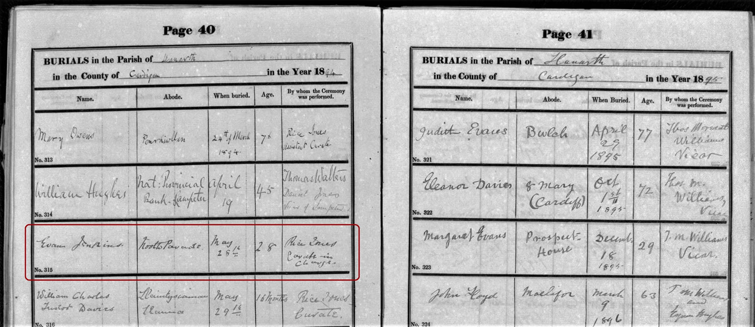 Welsh Parish Records on TheGenealogist finds Evan Jenkins aged 28 when buried at Llanarth in 1894
