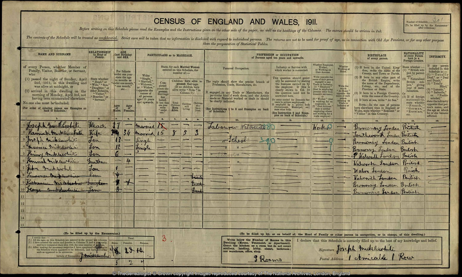 1911 census of 1 Amicable Row Southwark home of the Micklewhite family