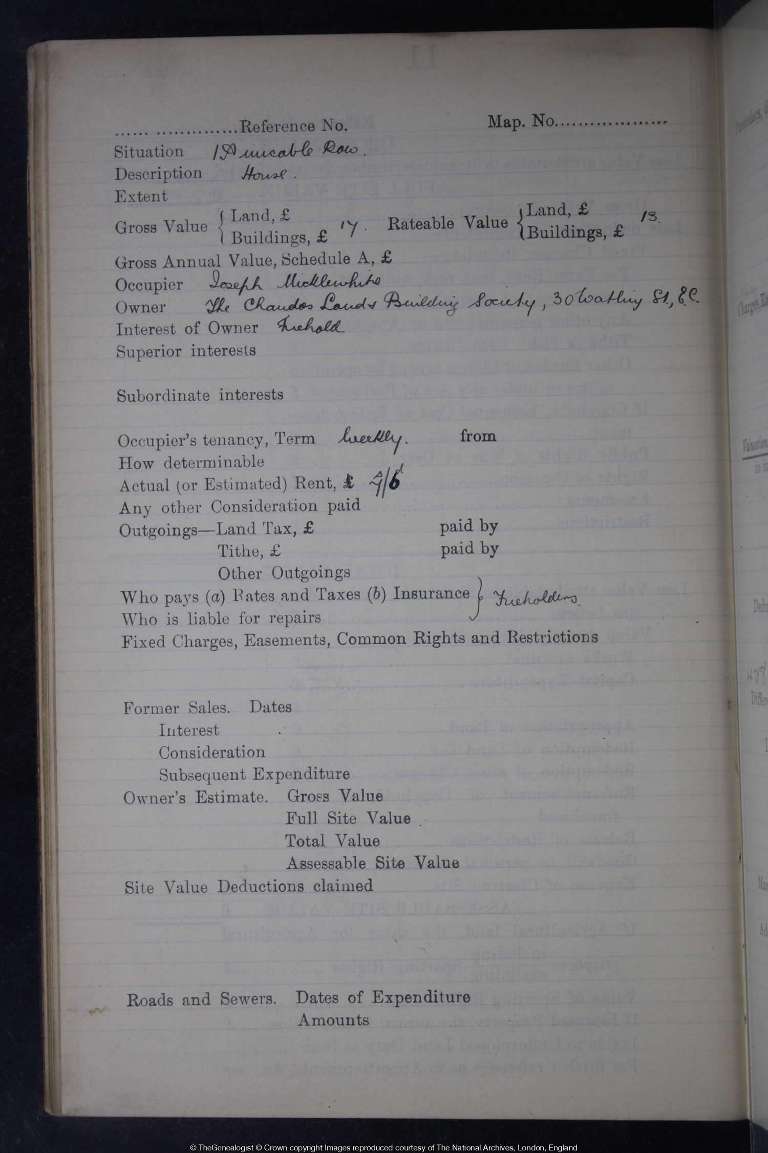 Lloyd George Domesday Survey Field Book entry for 1 Amicable Row, Southwark