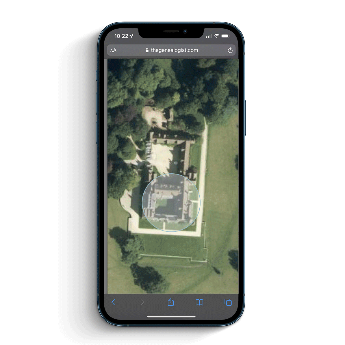 TheGenealogist's Map Explorer™ on a mobile phone, using the "Locate Me" feature whilst visiting Lacock Abbey, Wiltshire. Cycling through a Modern Satellite Image, Modern Map, 1890's OS Map and 1838 Tithe Map