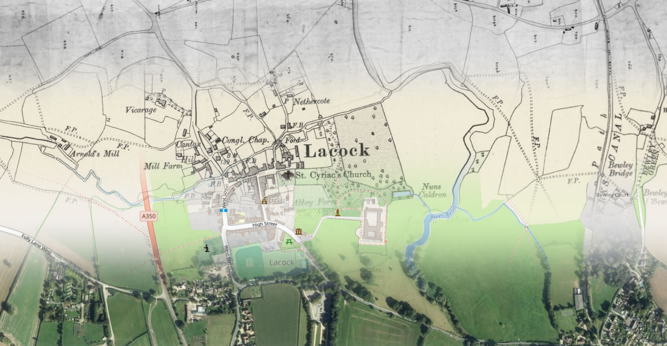 TheGenealogist's Map Explorer™ showing Lacock on the Tithe Map, 1890's OS Map, Modern Map and Modern Satellite Image