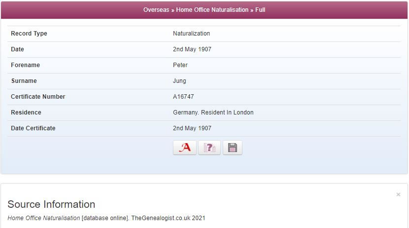 Naturalisation record for Peter Jung 1907 on TheGenealogist