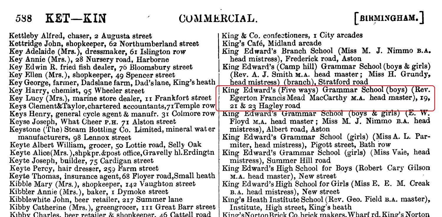 The King Edward's (Five Ways) Grammar School in the 1903 Warwickshire Kelly's Directory of Birmingham on TheGenealogist