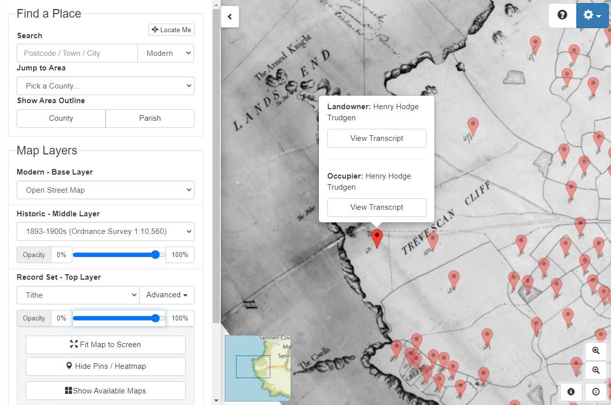 Map Explorer™ showing Tithe Map and pins