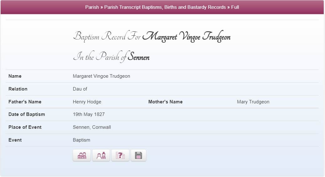Baptism of Margaret Vingoe Trudgen 1827