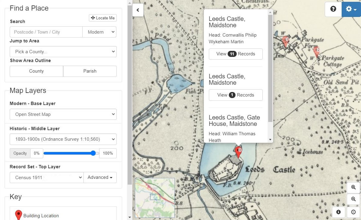Leeds Castle 1911 Census records on Map Explorer™