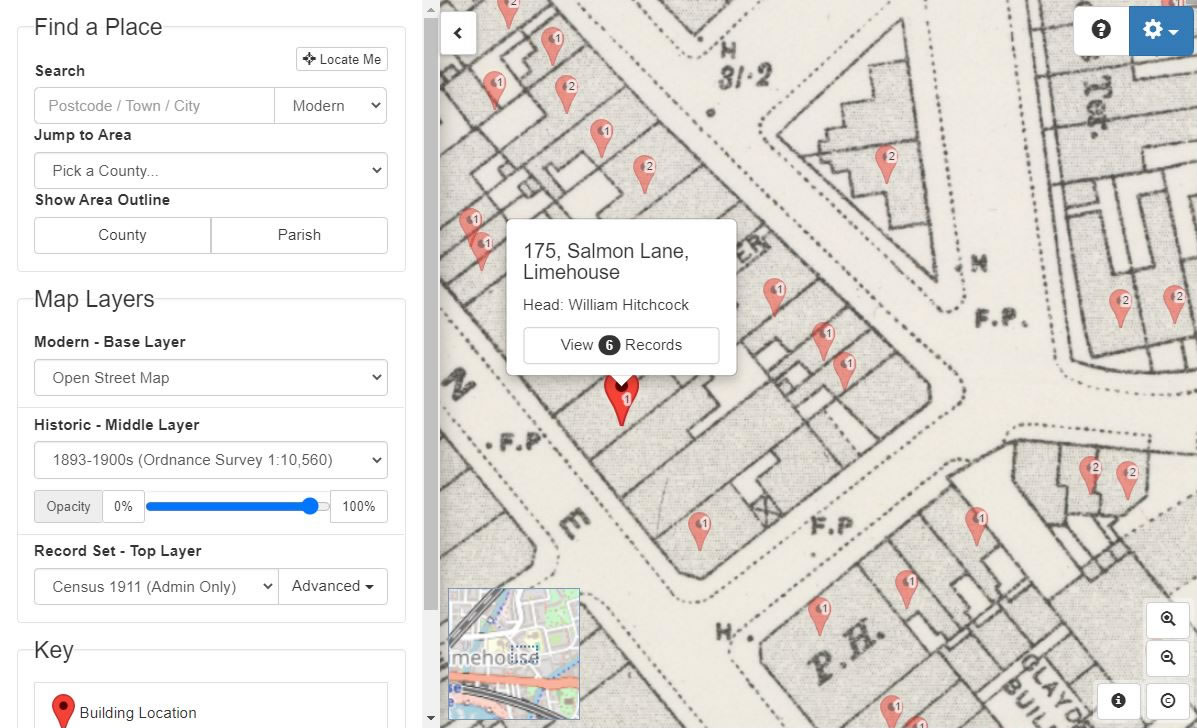 Clicking through to Map Explorer™ enables zooming down to building level for London addresses