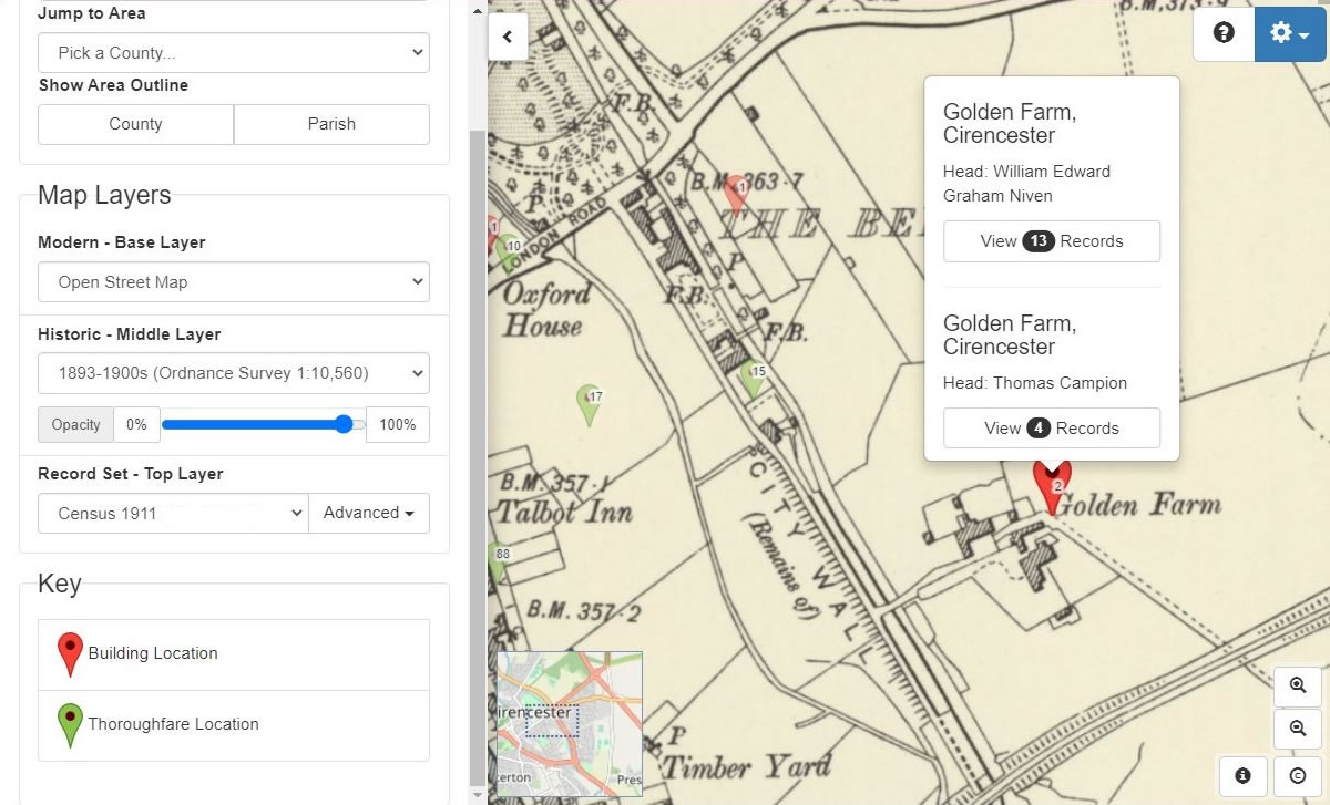 Clicking through to Map Explorer™ locates Golden Farm in 1911