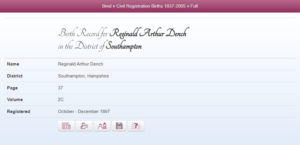 Birth record for Reginald Dench, Judi’s father
