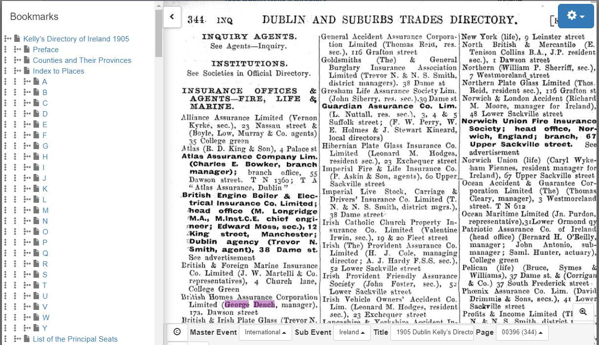 Judi’s grandfather, George Dench, Manager of British Homes Assurance Corporation as found in the Kelly’s Directory of Ireland 1905 on TheGenealogist