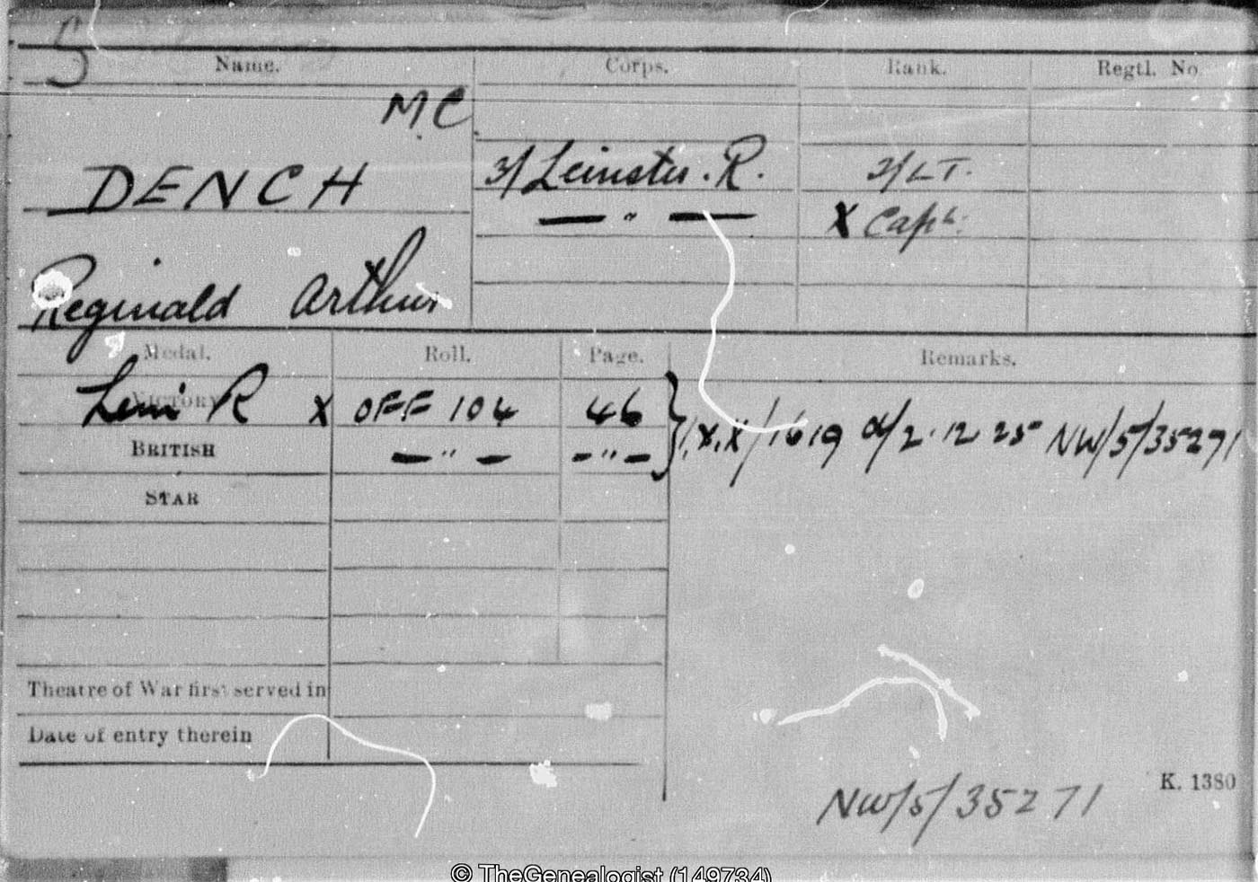 Medal Card in the Military Records on TheGenealogist for Reginald Dench