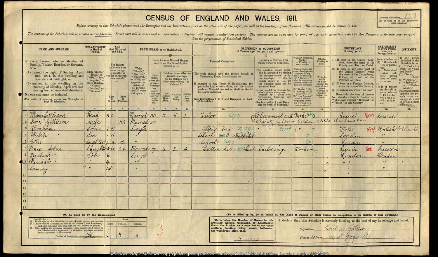 1911 census on TheGenealogist for Alex's family reveals 9 people in 2 rooms