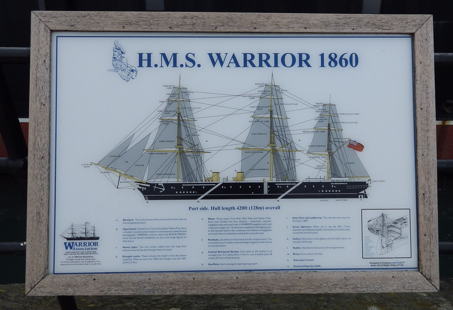 Information board at Portsmouth Historic Dockyard for HMS Warrior a similar vesel  to HMS Donegal