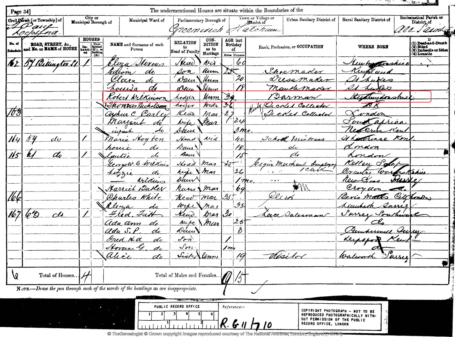 1881 census that shows Joe's 39 year old ancestor listed as a barman living as a lodger in Greenwich