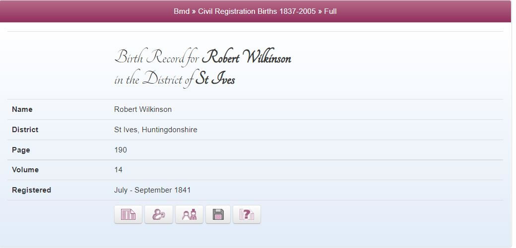 Birth record on TheGenealogist for Joe Lycett's 2x great grandfather Robert Wilkinson 1841