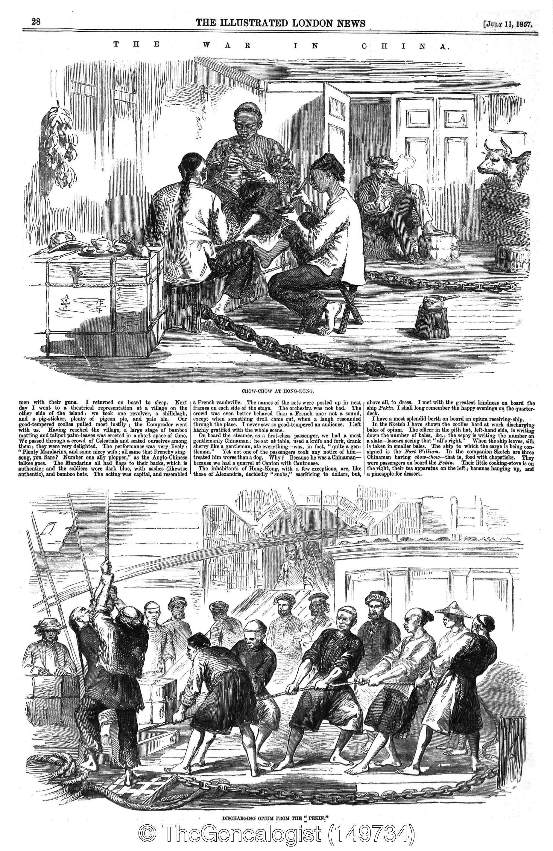 ILN July 1857 unloading opium in China from a British ship