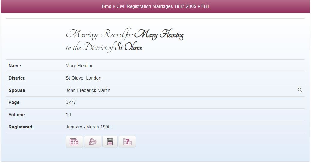 Marriage record in 1908 on TheGenealogist of Mary and John Frederick Martin