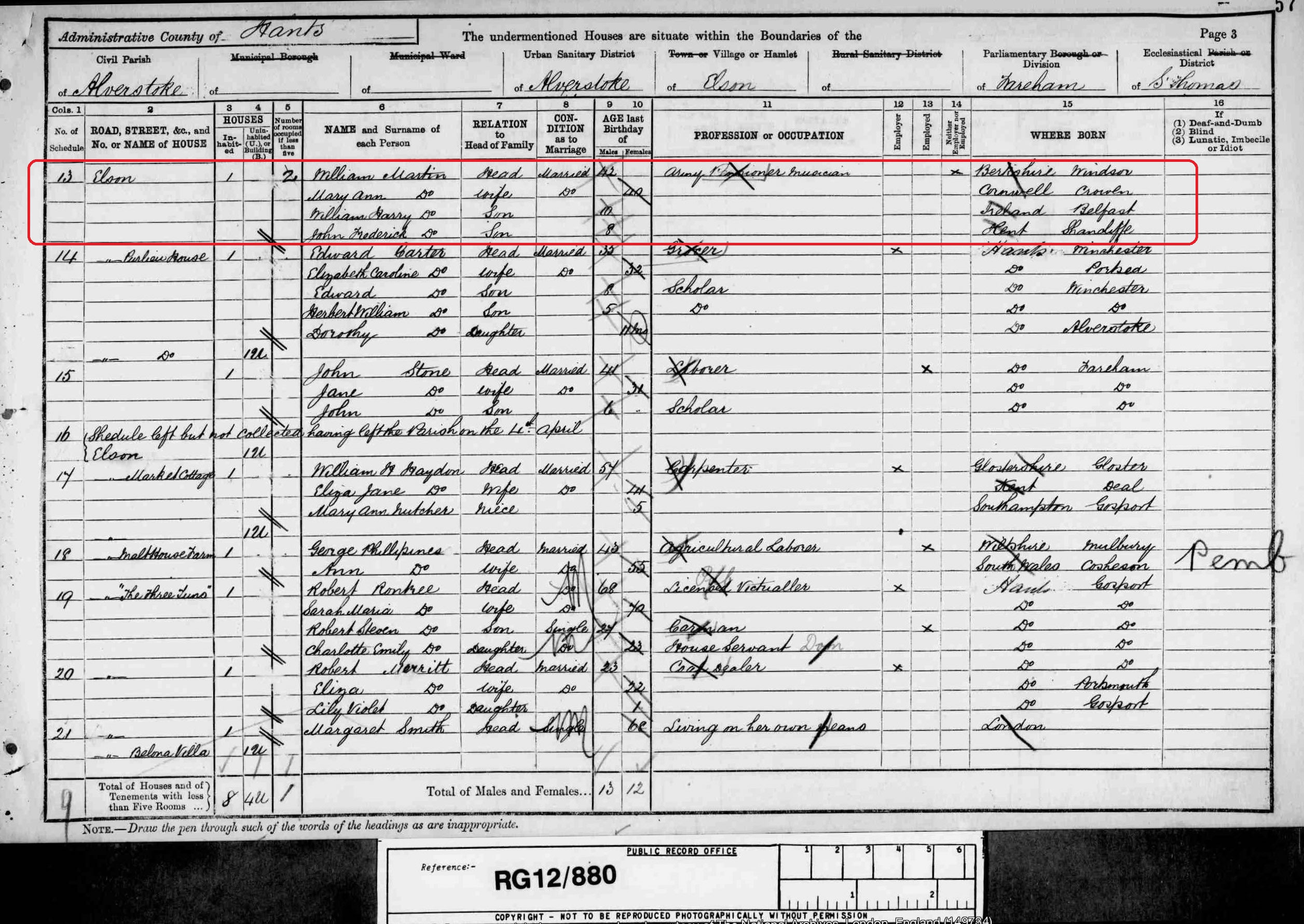 Census of Hampshire 1891 identifies Pixie's great great grandfather as an Army Pensioner Musician