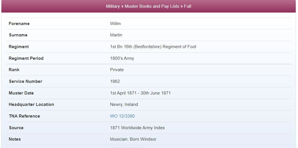 William Martin, Pixie Lott's 2x great grandfather, in the Muster Books and Pay Lists from the Military Records
		on TheGenealogist