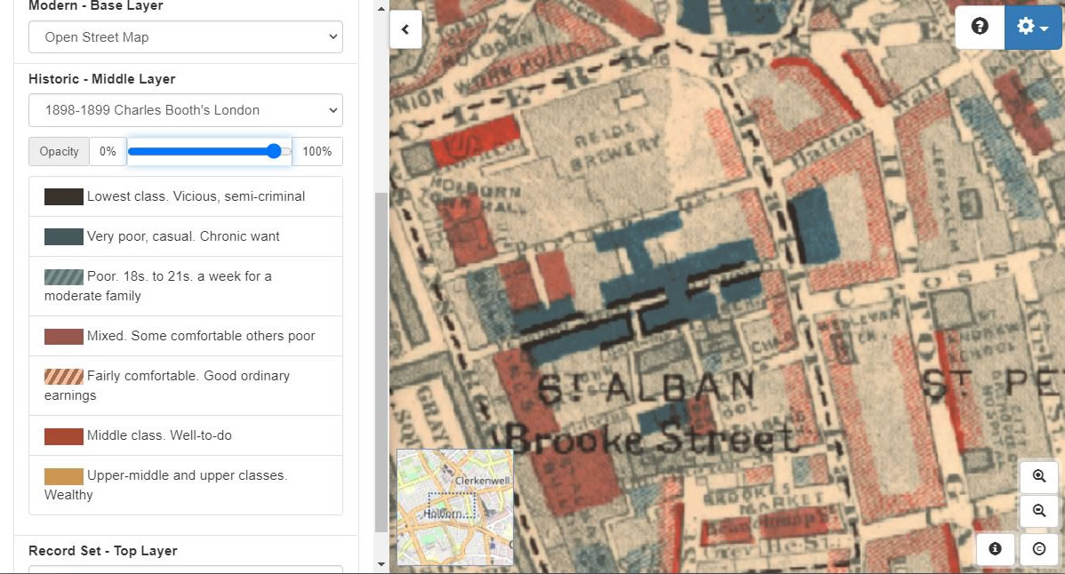 Charles Booth maps as a map layer on TheGenealogist's Map Explorer™