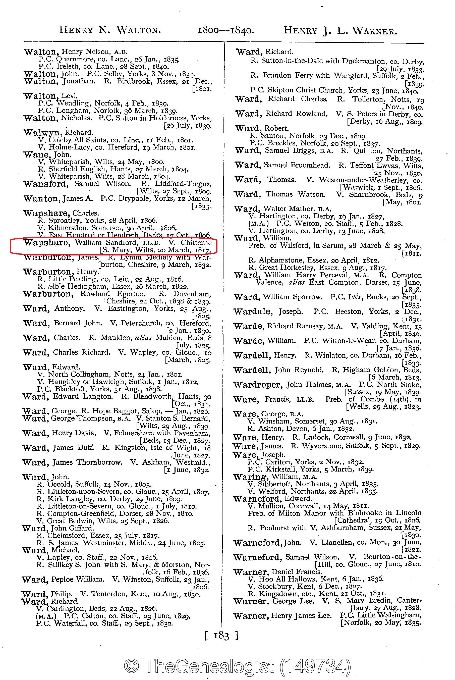 Rev Wapshare in the Index Ecclesiastics 1800-1840 from the Occupational Records on TheGenealogist