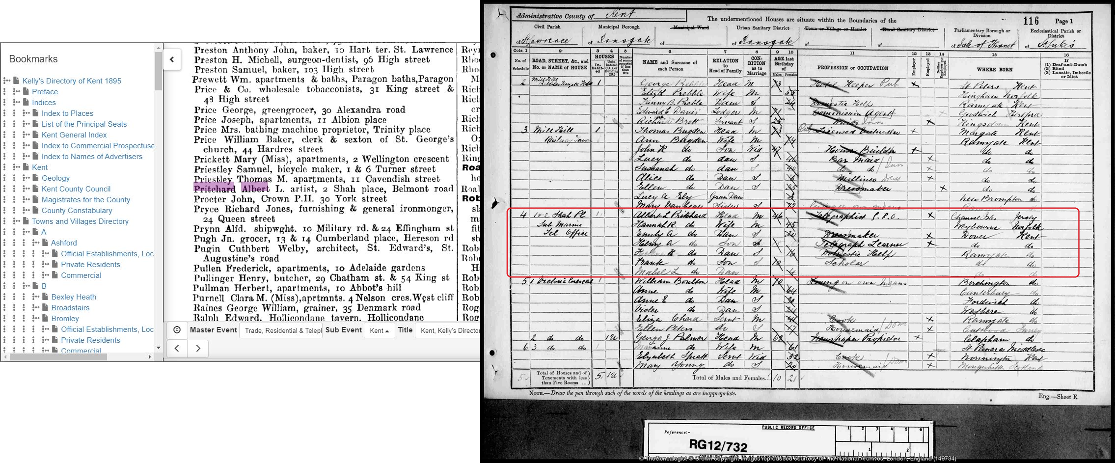 1891 census records Albert at the Submarine Telegraph Office in Shah Place while the Kelly's Directory on
		TheGenealogist lists him as an artist at the same address
