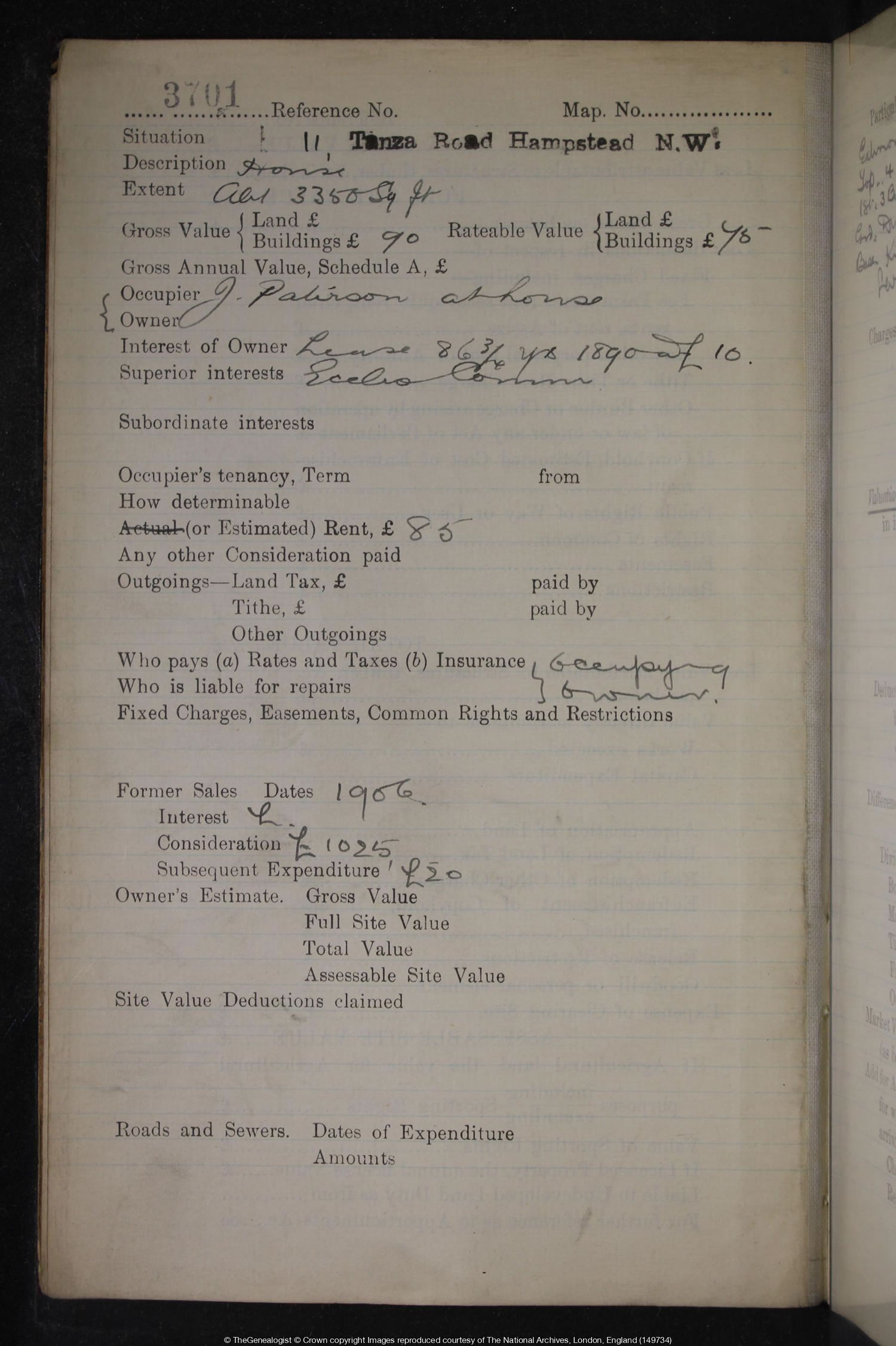 IR58 Field book describes 11 Tanza Road before it was bought by Lady Byron