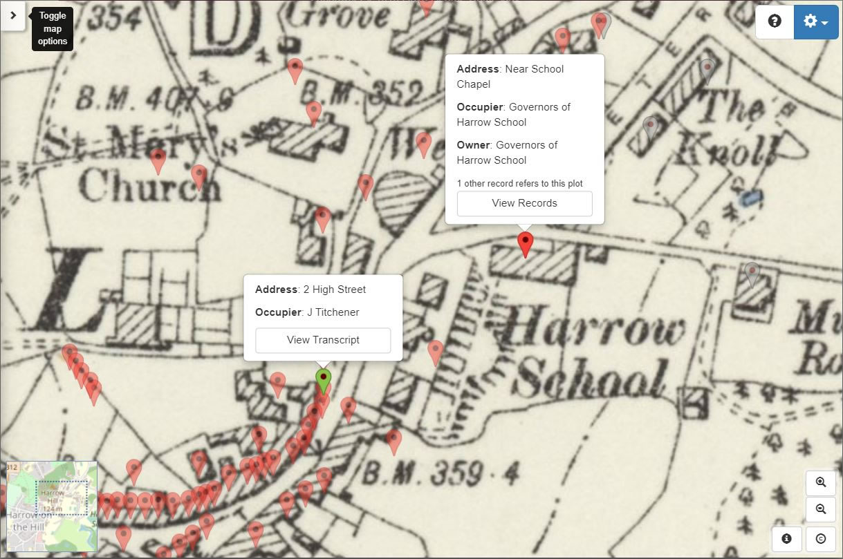Plots for Harrow School and one of the properties owned by the governors in the High Street