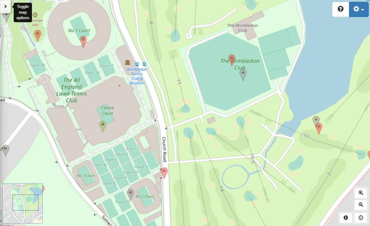 Map Explorer™ – georeferenced modern street layer reveals the All England Clubs' courts on the same site