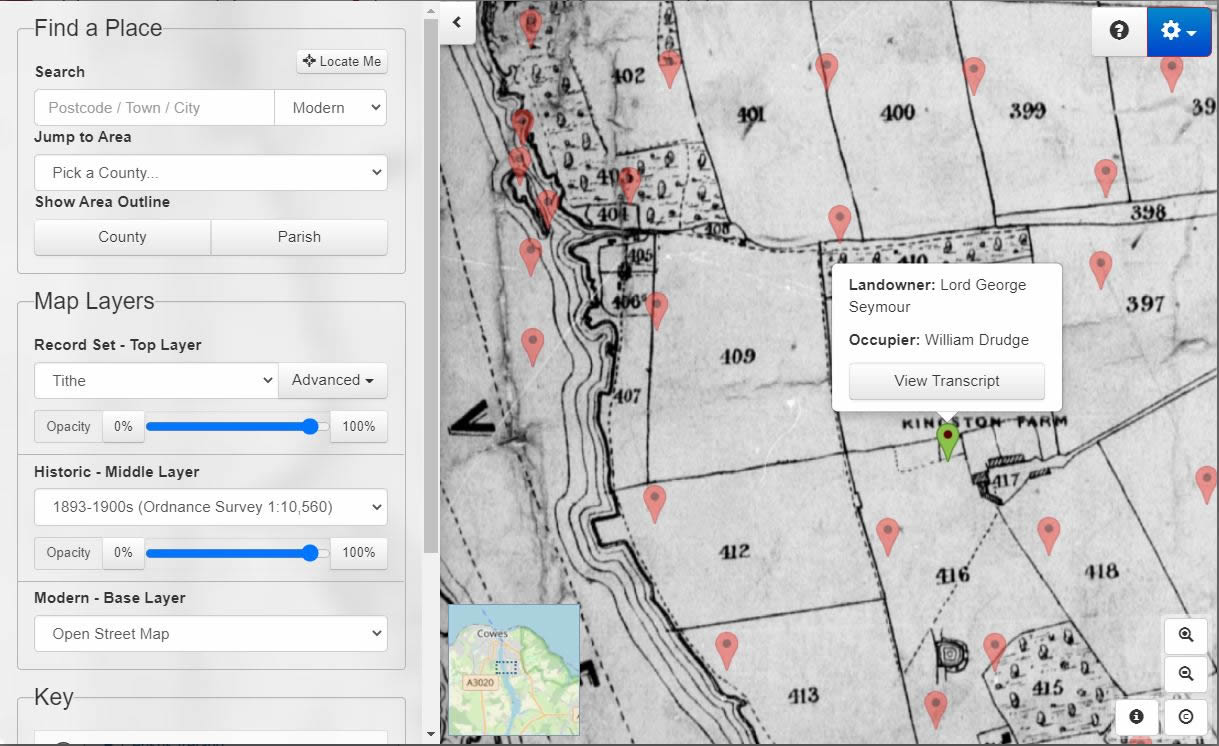 Tithe map on Map Explorer™ with dashboard showing