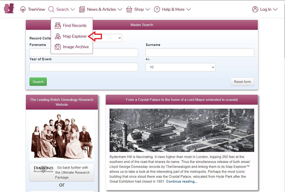 Select Map Explorer from the dropdown menu on TheGenealogist’s landing page